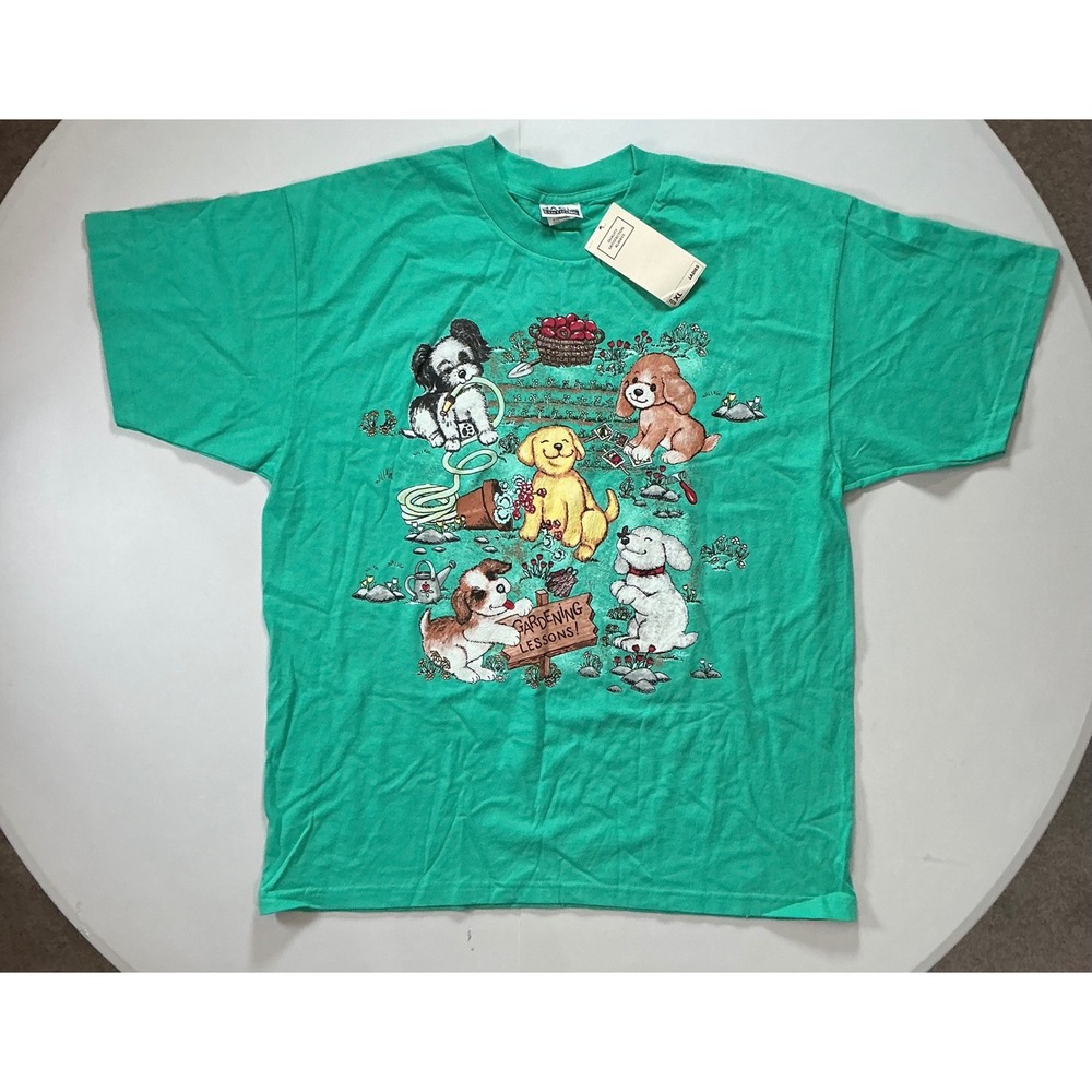 VTG Y2K Cottagecore Gardening Dogs T Shirt Women XL Green Fall Apples Puppies
